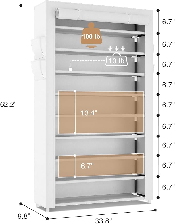 LANTEFUL Shoe Rack with Covers 10 Tier Tall Shoe Rack Organizer Large Capacity Shoe Shelf Storage 40 Pairs Space Saving Free Standing Shoe Storage Organizer for Closet, Entryway, Dorm, White - Image 3