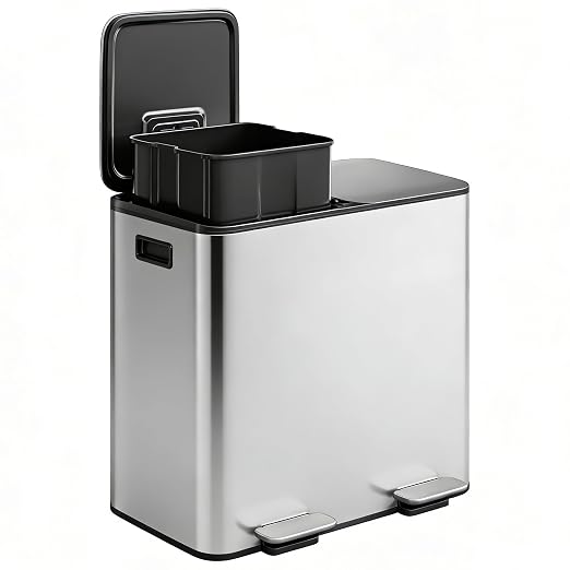GarveeHome 2 x 8 gal Stainless Steel Double Trash Can with Lid for Kitchen, Large Dual Trash and Recycle Bin Combo, Step-on Kitchen Metal Garbage Cans, PP Inner Buckets, Liner Rim by GarveeHome