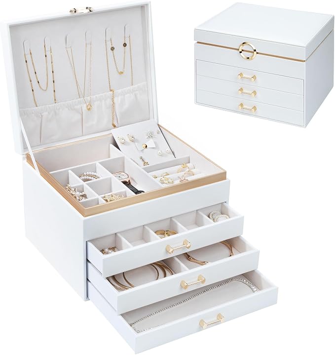 Jewelry Box for Women,4-Layer Leather Jewelry Holder Organizer with 3 Drawers Large Jewelry Storage Boxes, Lots of Storage Space For Ring,Necklace,Bracelets,Earring（White） by HOME
