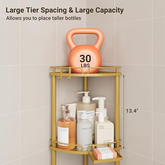 ELYKEN Corner Shower Caddy Standing, 3 Tier Rustproof Metal Shower Organizer with Soap Holder, Floor Shower Corner Shelf Rack Storage Stands with Adjustable Feet & 2 Hooks for Bathroom, Gold - Image 3