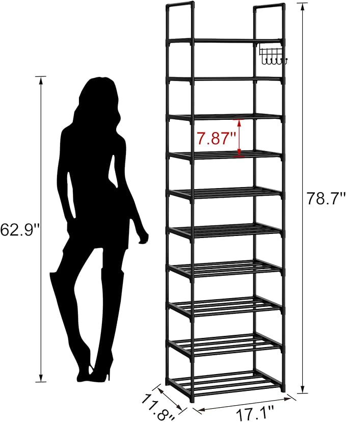 Narrow Shoe Rack 10 Tiers Tall Shoe Rack for Entryway Closet 20 24 Pairs Shoe & Boots Organizer Storage Shelf Durable Black Metal Stackable Shoe Cabinet with Hooks, 17.1D x 11.8W x 78.7H in - Image 3