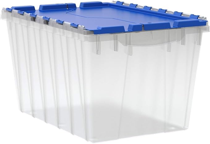 Akro-Mils KeepBox 12 Gallon Storage Container, Nesting and Stackable Plastic Storage Box with Lid Attached, Clear Tote for Garages, Closets, and Moving, 21-1/2" x 15" x 12-1/2", Clear/Blue by Akro-Mils