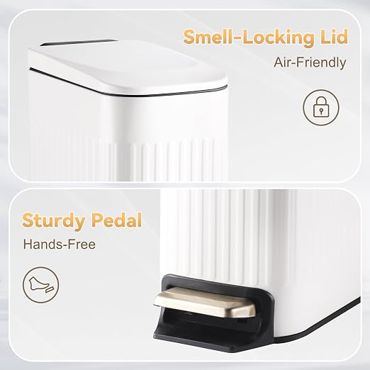 SYNCVIBE Slim Bathroom Trash Can with Lid Soft Close, Stainless Steel Garbage Can Step Trash Bin with Removable Inner Bucket for Bedroom, Office, Kitchen (Matt White, 1.8 Gallons) - Image 6