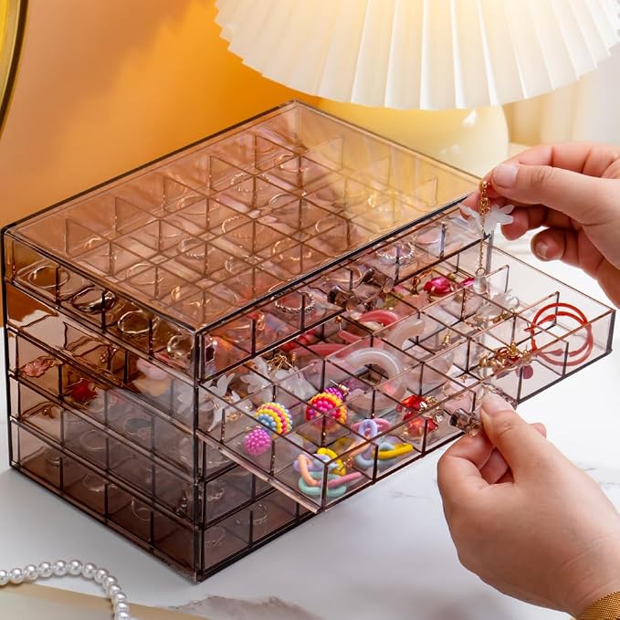 YUFONG Earring Storage Box Organizer, Acrylic Jewelry Storage Box Holder 5 Drawers Transparent Jewelry Display Stand with 120 Small Compartments Gift Boxes for Women Girls (Clear Purple Brown) - Image 5