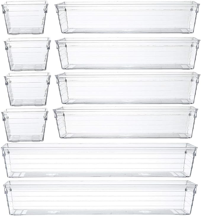 Backerysupply Clear Plastic Drawer Organizer Tray for Vanity Cabinet (Set of 10),Storage Tray for Makeup, Kitchen Utensils, Jewelries, and Gadgets by Backerysupply
