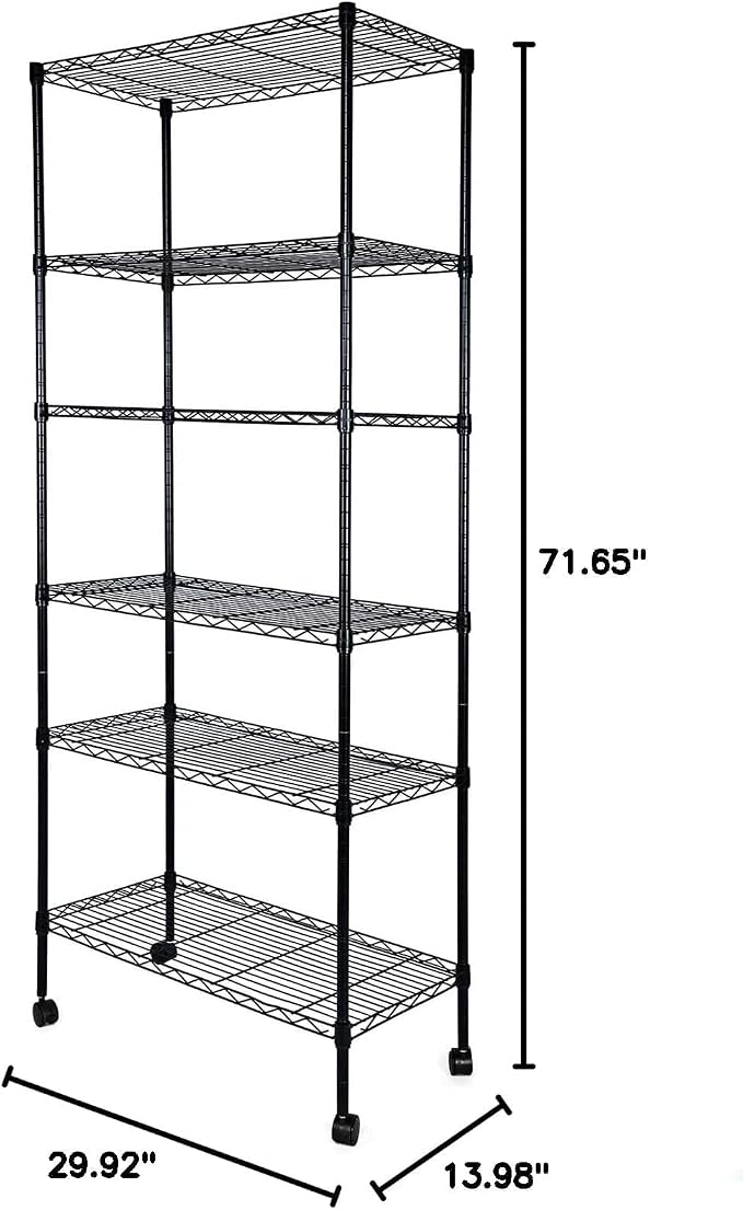 Simple Deluxe 6-Tier Shelving Units, 29.92'' W x 13.98'' D x 71.65'' H Adjustable Wire Shelving with Hanging Hooks and Wheels, Black - Image 3