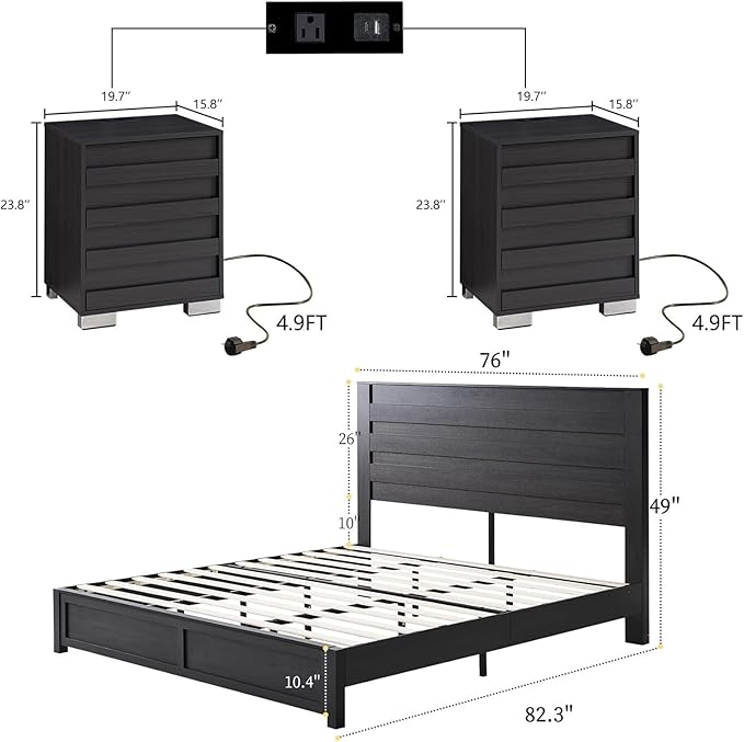 LUXOAK 3 Pcs Bedroom Furniture Sets - Includes Farmhouse King Size Bed Frame with 49" Tall Headboard and Nightstand Sets of 2 with Charging Station, Slated Handles & Stainless Steel Feet, Black