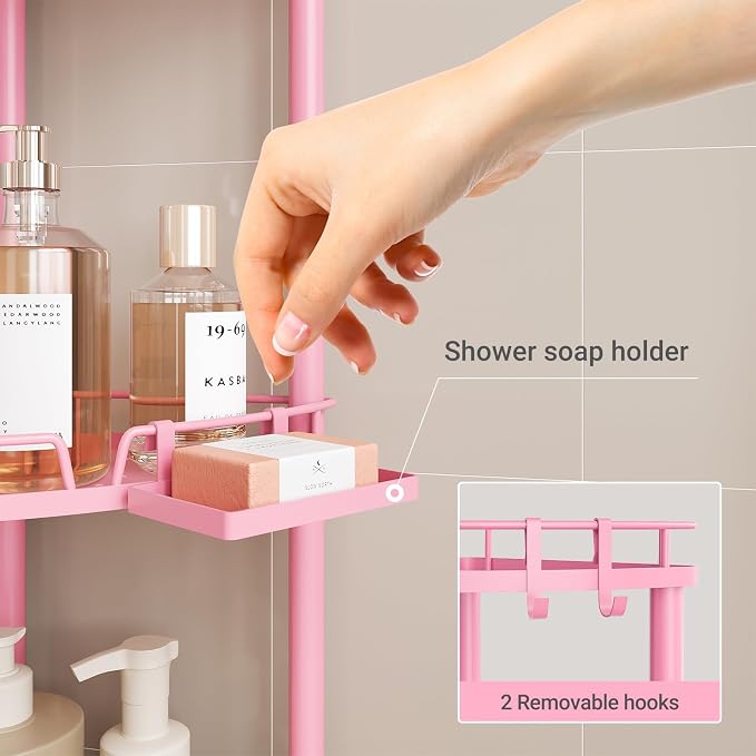 ELYKEN Corner Shower Caddy Standing, 4 Tier Rustproof Metal Shower Organizer with Soap Holder, Floor Shower Corner Shelf Rack Storage Stands with Adjustable Feet & 2 Hooks for Bathroom, Pink - Image 4