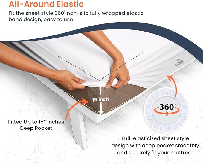 SGI bedding Waterproof 66X80 Olympic/Queen Mattress Protector – 15" Deep Pocket, Soft Noiseless & Breathable Fitted Style Bed Cover, Skin- Friendly Protection Against Moisture Spills & Stains – White