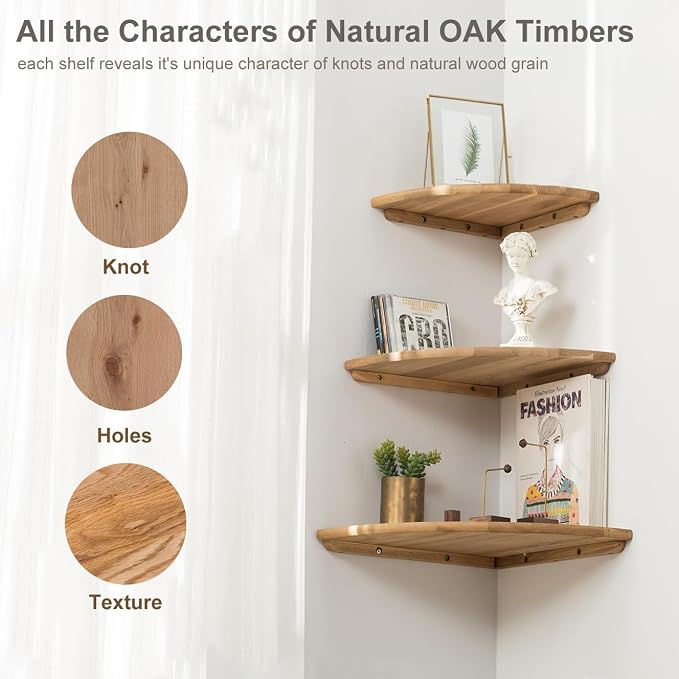 Corner Shelves, Floating Corner Shelf, Set of 2 16inch Solid Oak Wood Wall Shelves, Round End Wall Mount Display Shelf with Wire Hole for Bedroom Kitchen, Living Room (Oak, 16in 2P) - Image 4