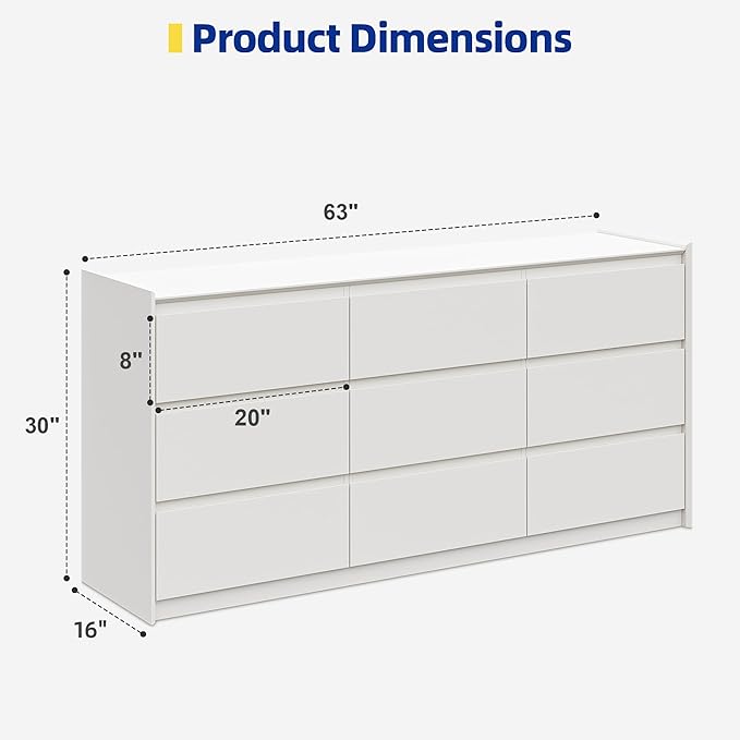 White Dresser for Bedroom, 62" Wide 9 Drawer Large Double Dresser, Modern Matte Wood High Capacity Chest with Anti-Tip Kit, Sturdy Storage Organizer for Master Bedroom & Family Room, Handle-Free
