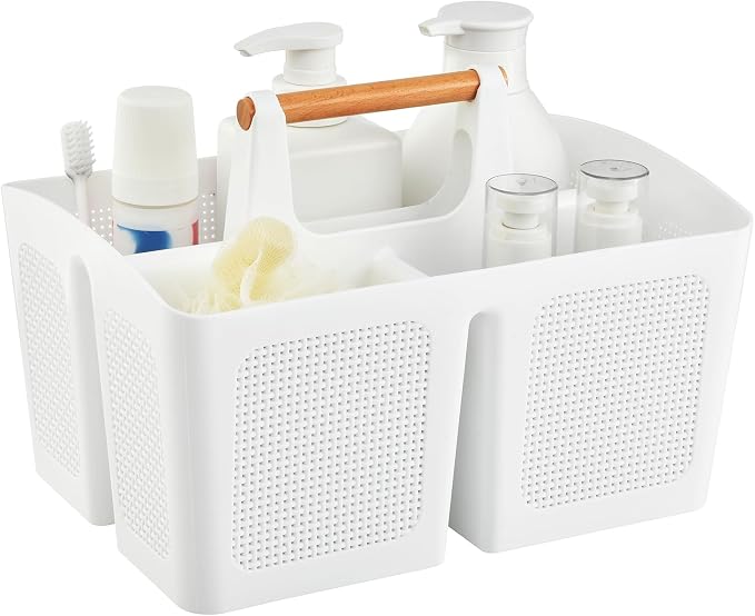 ALINK Portable Shower Caddy Basket with Compartments, Plastic Divided Cleaning Caddy Organizer Storage Tote with Handle for Bathroom, College, Dorm Room Essentials, White by ALINK