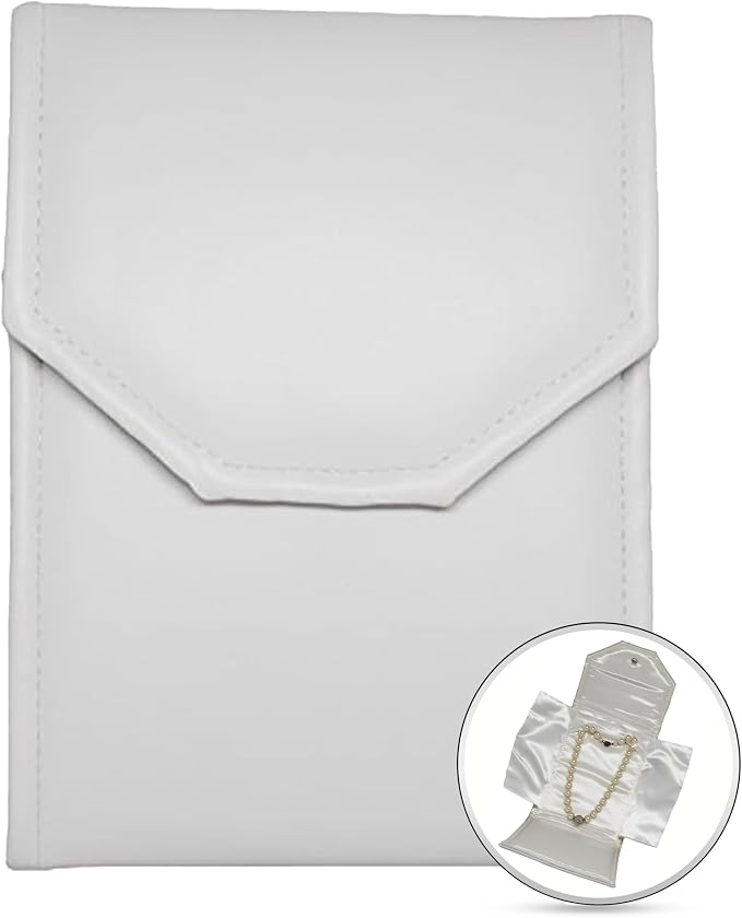 Novel Box Necklace Display Pearl Folder 8x6 inch Large Travel Jewelry Case - Wedding Jewelry Storage Holder with Smooth Finish - Jewelry Organizer Necklace Box - White/White Stitched - Image 9