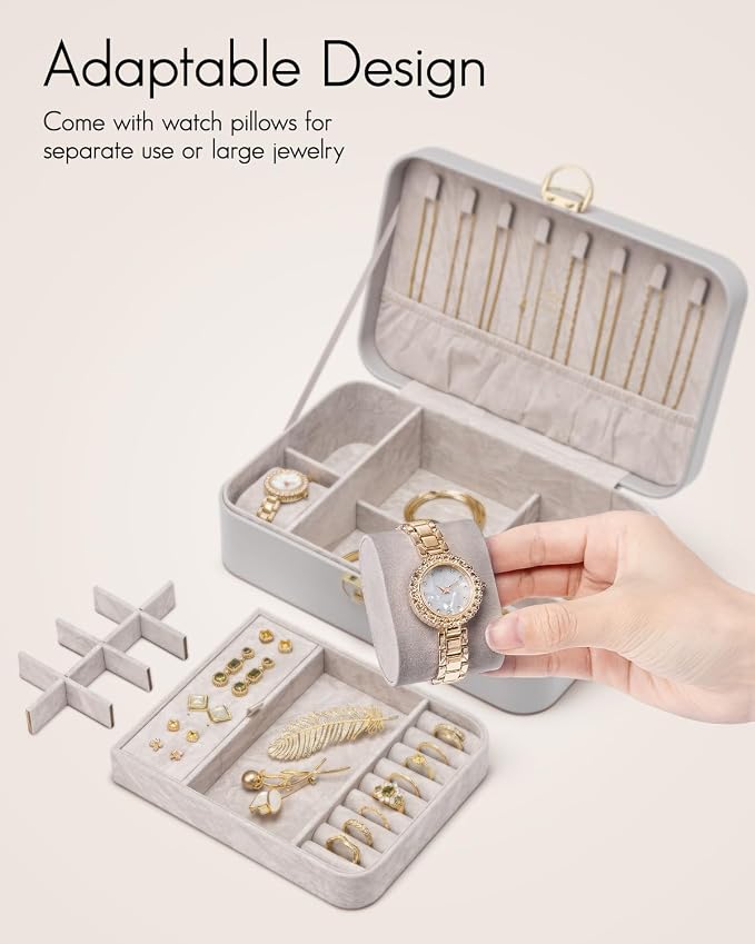 VLANDO 2 Layer Jewelry Box,Jewelry Organizer Storage Lockable Earring Organizer Removable Jewelry Tray with Watch Pillow for Neckable Ring Bracelets-Grey - Image 2