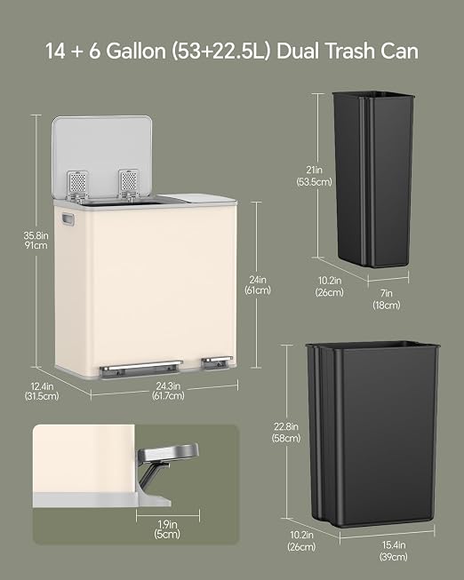 Lovewind Dual Trash and Recycling Bins for Kitchen, 13+6 Gallon Stainless Steel Garbage and Recycle Bin Combo for Large Families, Dual Trash Can with Soft Close Lid & Magnetic Stickers, Apricot - Image 2
