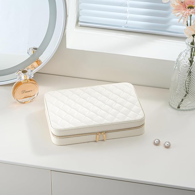 Lolalet Travel Jewelry Case for Women Girls, Travel Jewelry Organizer Box with Mirror & Clear Storage Bag, Small Portable Earring Necklace Bracelet Ring Case, Birthday Valentine Gifts -Large, White - Image 6