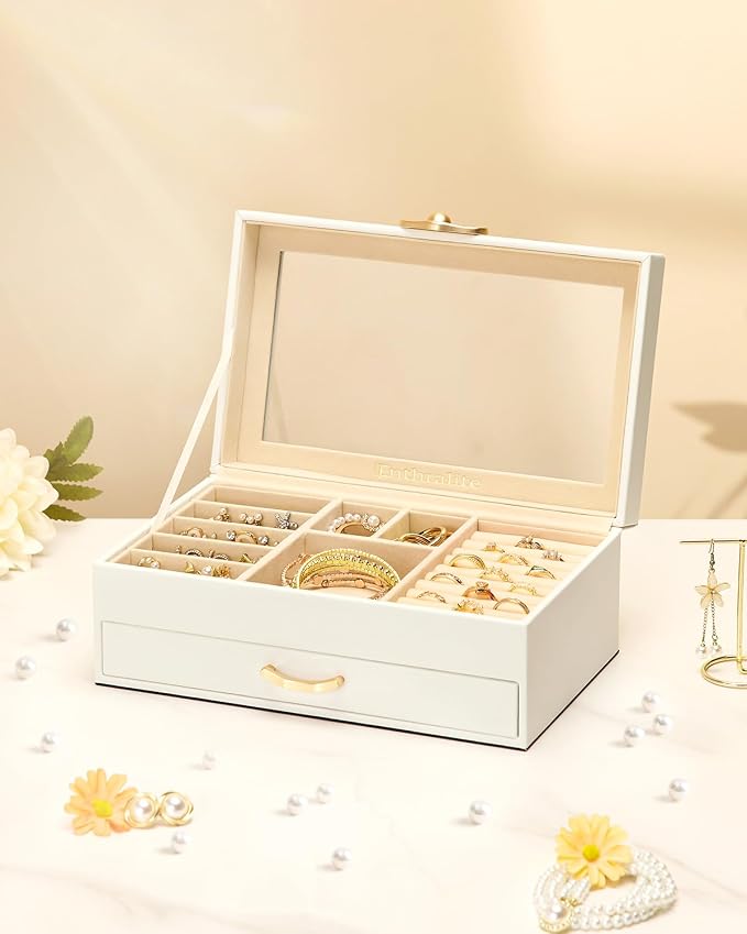 Enthralite Jewelry Box with 1 Drawer: Display Organizer for Earrings Necklaces - Gift for Girls Women (White) - Image 8