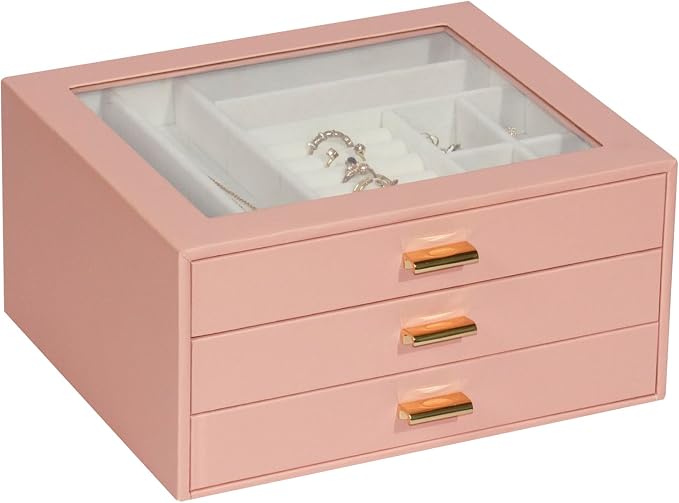 Jewelry Box Organizer with 3 Drawers,Glass Lid Jewelry Boxes for Women,Jewelry Storage for Rings,Necklaces,Earrings,Bracelets,Interesting Gift,Pink by Unknown