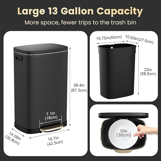 ELPHECO Kitchen Trash Can with Lid Soft Close, 13 Gallon / 50L Stainless Steel Pedal Garbage Can, Heavy-Duty Fingerprint Proof Step Wastebasket with 20 Bags, Removable Bucket, Home Office, Matte Black - Image 7