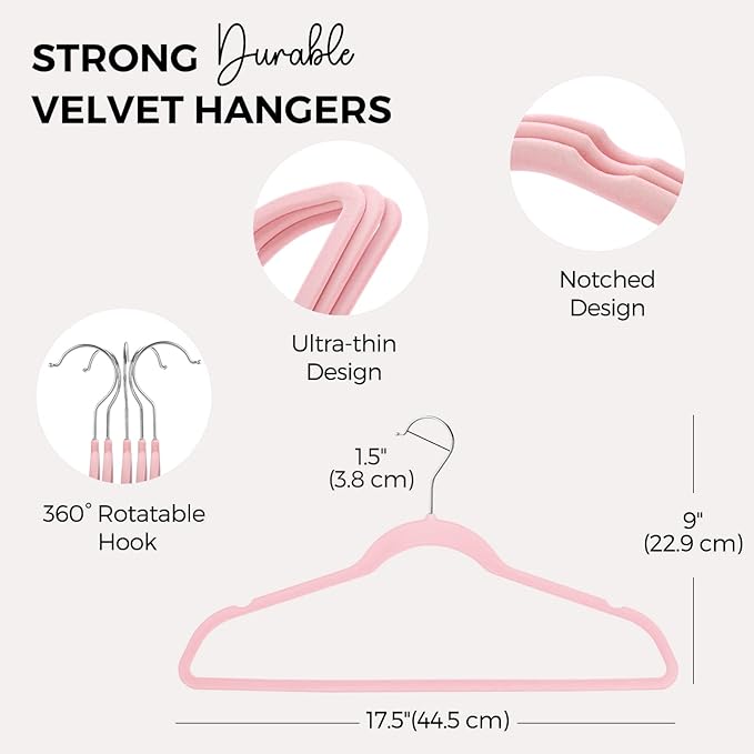 HOUSE DAY Premium Velvet Hangers 100 Pack Light Pink, Non-Slip Flocked Felt Hangers, Sturdy Clothes Hanger with 360° Rotatable Hook, Heavy Duty Durable Slim Coat Hanger for Closet Space Saving - Image 7