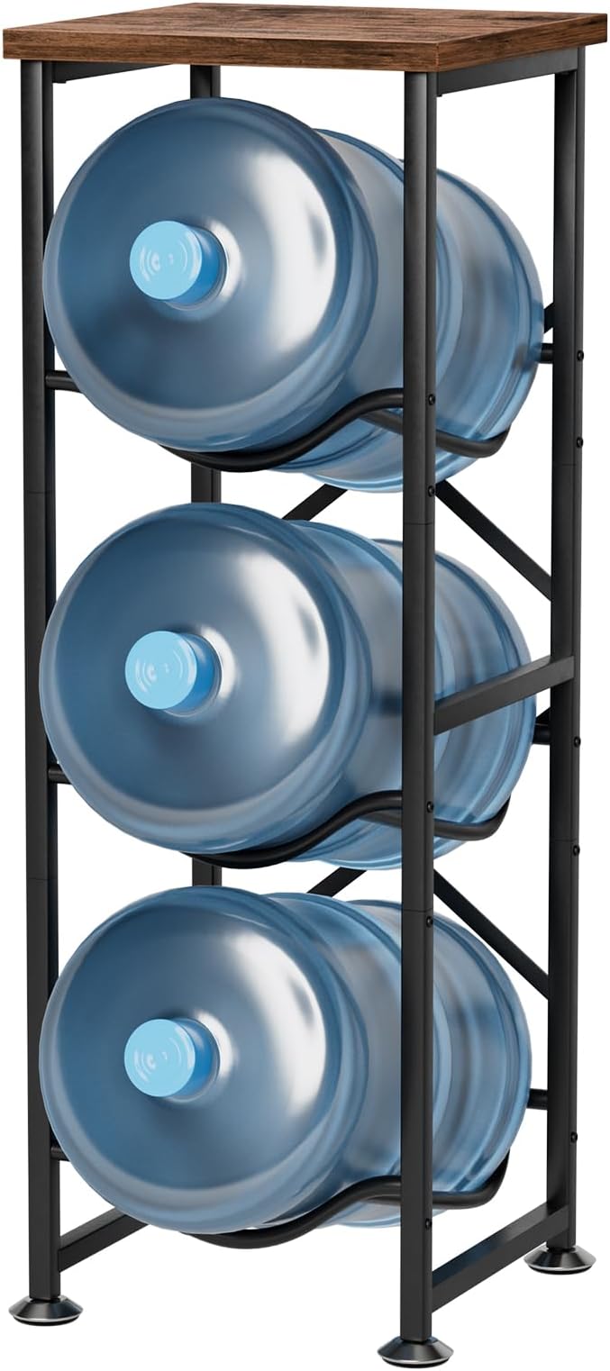5 Gallon Water Jug Holder, 3-Tier Water Bottle Holder with Wood Top Shelf, Heavy Duty Water Cooler Jug Rack, Water Dispenser Storage Stand for Kitchen Office and Living Room by STORENIZATION