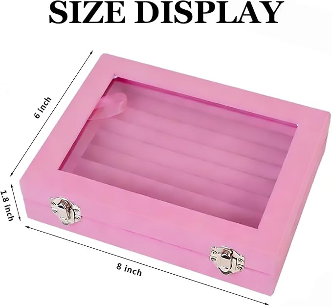 Jewelry Box Rings Organizer Tray 7 Slots Velvet Earring Storage Box With Transparent Lid Jewelry Display Case for Women (Light Pink) - Image 2