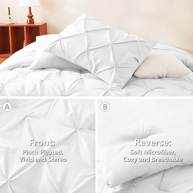 CozyLux King Size Comforter Set White, 7 Pieces Pintuck Bed in A Bag White Comforter King Size, Pinch Pleat Bedding Set with All Season Comforter, Sheets, Pillowcases & Shams