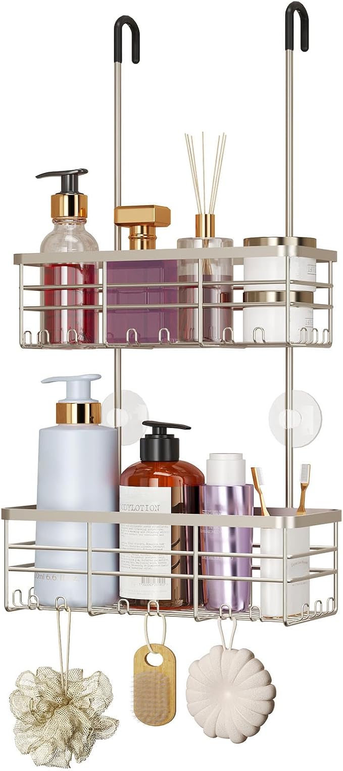 HapiRm Hanging Shower Caddy Organizer - No Drilling Shower Organizer with Hooks, Rustproof & Waterproof 304 Stainless Steel Bathroom Shelves - Brushed Nickel by HapiRm