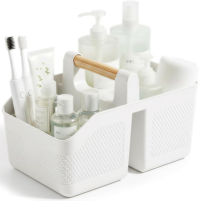rejomiik Shower Caddy Portable with Bamboo Handle, Plastic Basket Cleaning Caddy Organizer Storage Tote for Bathroom, College, Dorm Room Essentials, White by rejomiik