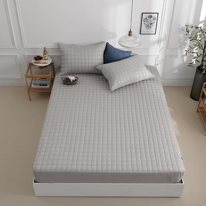Quilted 100% Cotton Mattress Cover – 6 Colors, Machine Washable, Breathable & Stretchy, Fits up to 16-Inch Deep, Twin/Full/Queen/King (Gray, Full)
