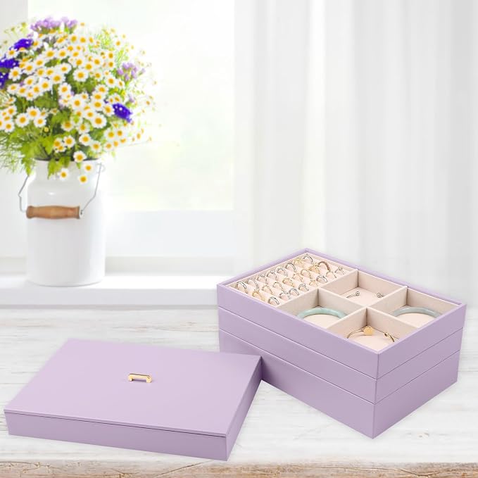 Voova Stackable Jewelry Organizer Tray with Lid, PU Leather Jewelry Storage Holder for Drawer Inserts, Jewellery Display Box Case for Earring Necklace Ring Watch Bracelet (Set of 4, Lavender) - Image 4