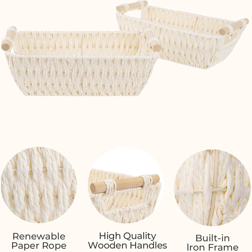 StorageWorks Round Paper Rope Woven Basket with Wooden Handles for Gifts, Small Wicker Baskets for Shelf, Beige, 2-Pack - Image 3