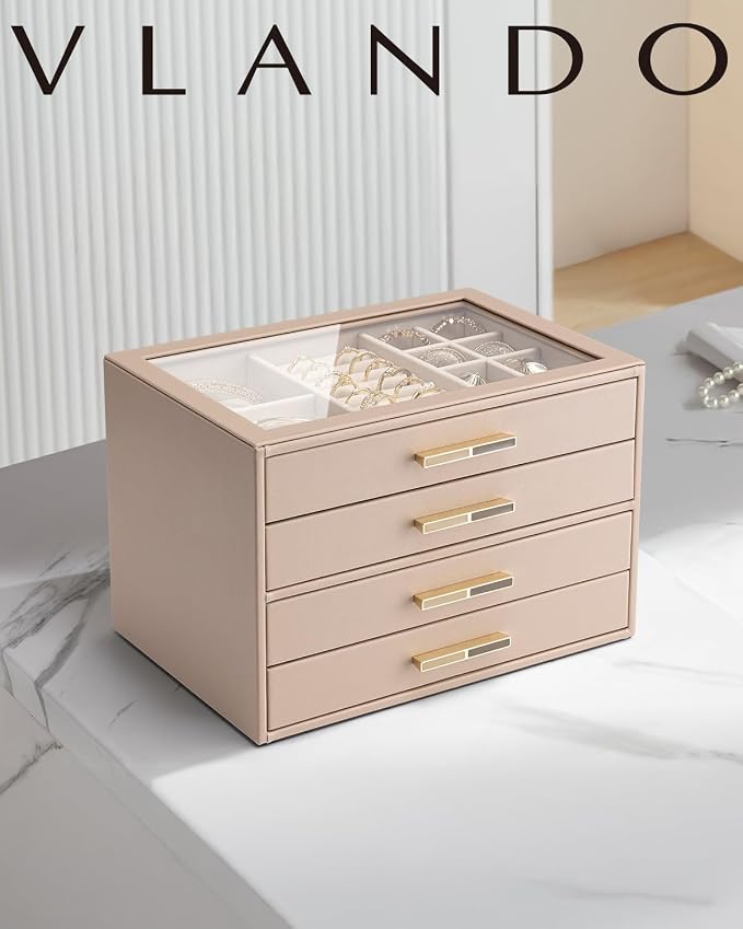 VLANDO 4 Layer Jewelry Box for Women, Mothers Day Gifts for Women, Glass Lid Jewelry Organizer with 4 Drawers for Necklaces Rings Earrings Bracelets - Toffee - Image 2