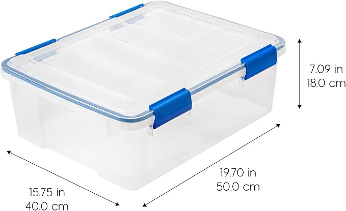 IRIS USA WeatherPro 27 Qt Storage Bins with Lids, 3 Pack, BPA-Free Plastic Gasket Box with Tight Latch and Seal, Stackable Nestable Tote Tub - Clear/Blue - Image 2