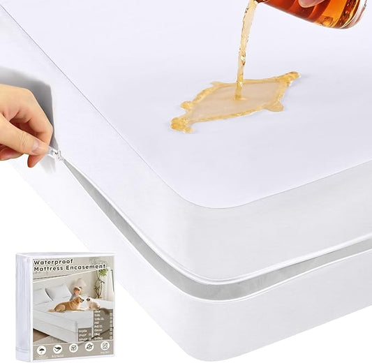 Full Size Waterproof Mattress Protector (8’’-10” Depth) – Zippered Mattress Encasement Bed Cover, Premium Six-Sided Mattress Cover for Bed,Noiseless Breathable Machine Washable, White