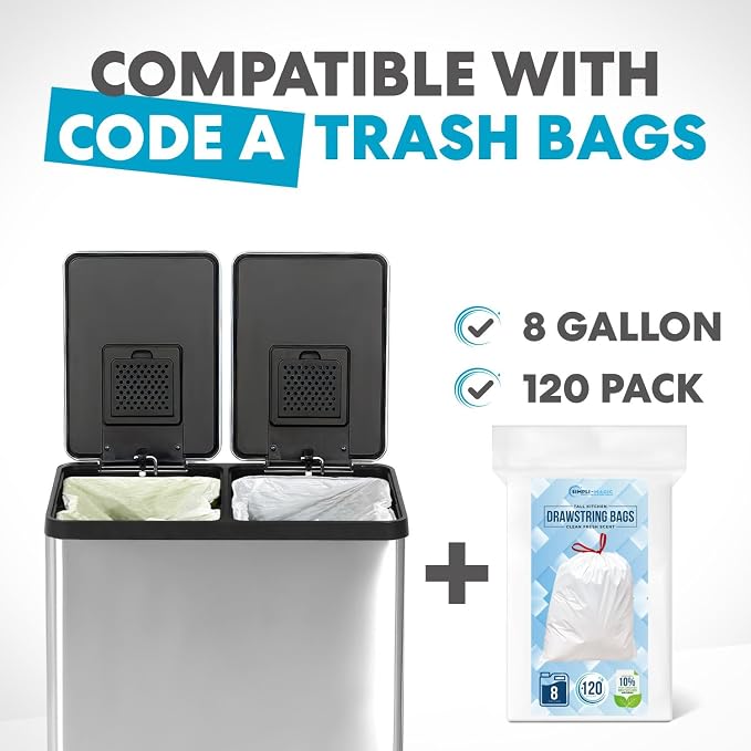 Simpli-Magic 16 Gallon (60L) Step Trash Can – Dual Compartment Kitchen Garbage Can with Waste & Recycling Bins – Slow-Close Lid, Odor Control, Hands-Free, Inner Bases, Premium Stainless Steel - Image 2