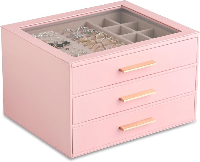 Frebeauty Clear Lid Jewelry Box,3-Layer Jewelry Organizer with Drawer,PU Leather Jewelry Organizers and Storage,Jewelry Boxes for Women,Jewelry Storage for Rings Earring Stud,Gift for Women(Pink) by Frebeauty