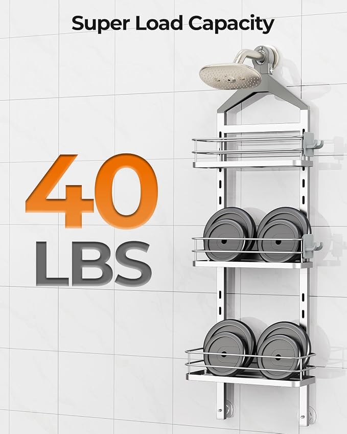 ODesign 3 Tier Height-Adjustable Shower Caddy Hanging Anti-Swing-Over The Shower Head Caddy-Storage Organizer Bathroom Shelves Basket-Silver - Image 7