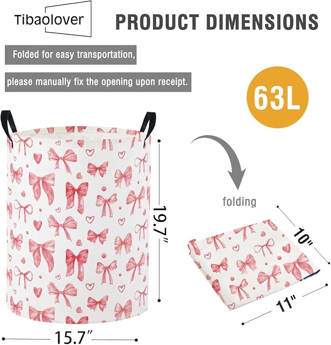Baby Laundry Basket Baby Nursery Hamper Kids Laundry Basket Toy Storage Bin for Boys Room Decor Gift Baskets for Bedroom Bathroom(Heart Bowknot) - Image 2