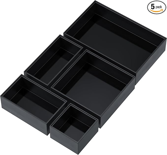 Bamboo Drawer Organizer Set, 5 PCS Multi-use Varied Sizes Junk Drawer Organizer Kitchen Storage Box for Office, Home, Bedroom, Bathroom, Black by Greatseas