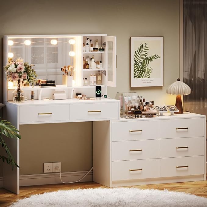 UGTOO Makeup Vanity Desk with Mirror and Lights, 59" Makeup Desk with Drawers & Cabinet & Dresser, Large Vanity Table with 8 Drawers, Vanity Desk with Large Mirror and 3-Color Lights for Girls