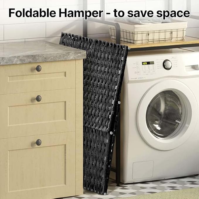 Greenstell Laundry Hamper with lid, No Install Needed, 110L Wicker Laundry Baskets Foldable 2 Removable Liner Bags, 2 Section Clothes Hamper Handwoven Rattan Laundry Basket with Handle, Black - Image 9