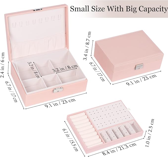 Jewelry Box for Women Girls, 2 Layers Jewelry Organizer Container with Lock, PU Leather Storage Case with Removable Tray, Jewelry Display Box for Necklaces Earrings Bracelets Rings Watches (Pink) - Image 2