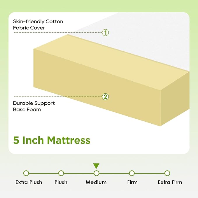 FDW 5 Inch Twin Mattress, Base Foam, Medium Firm Support, Breathable & Comfortable, Removable Washable Zipper Cover, Bed-in-a-Box，CertiPUR-US Certified