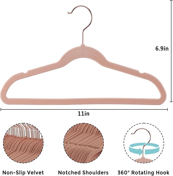 Tonswachic Baby Velvet Hangers 50 Pack - 11 Inch Non Slip Felt Kids Hanger for Infant Clothes - Ultra Thin Baby Felt Hangers for Toddler Kids' Closet with 10 Hanger Clips - Pink - Image 2
