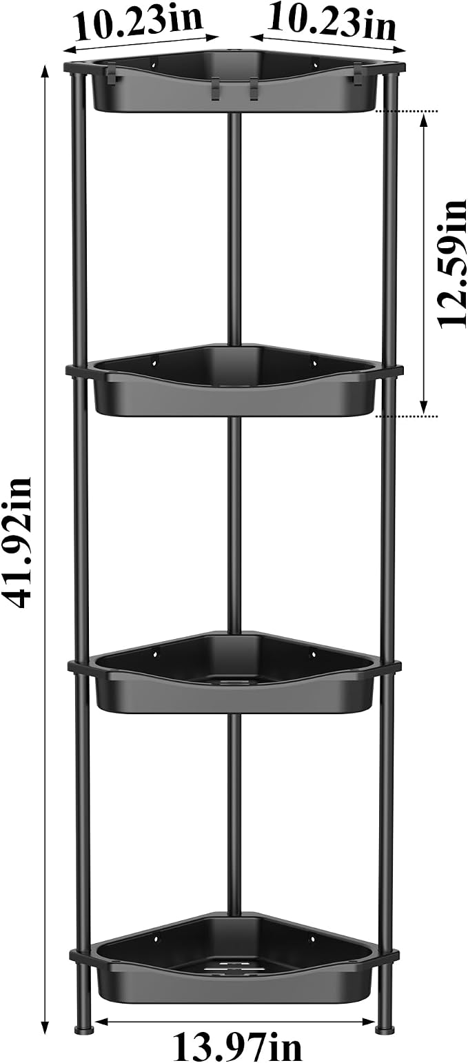 HuggieGems 4 Tier Floor Standing Corner Shower Caddy Organizer Shelf with Hooks, Bathroom Shelves Stand Rack, Jet Black - Image 8