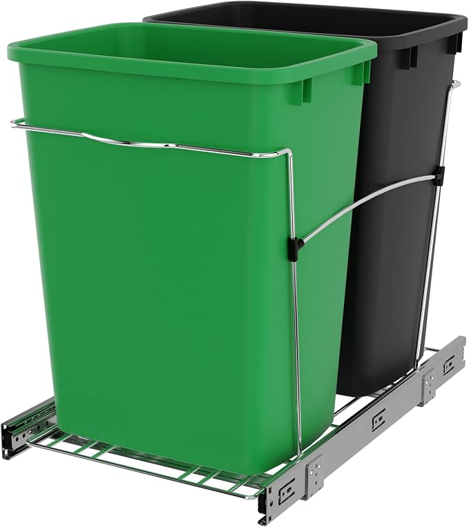 Rev-A-Shelf RV-18KD-1918C-S Double Pullout Trash Can for Kitchen Cabinets 35 Quart Garbage Recycling Bin Container on Full Slides, Green/Black by Rev-A-Shelf