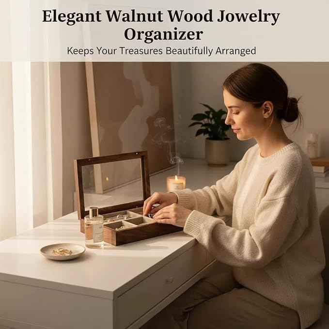 pandapark Wooden Jewelry Box with Glass Lid, Multi-Compartment Storage Display Case, Walnut Brown (Silver Walnut) - Image 3