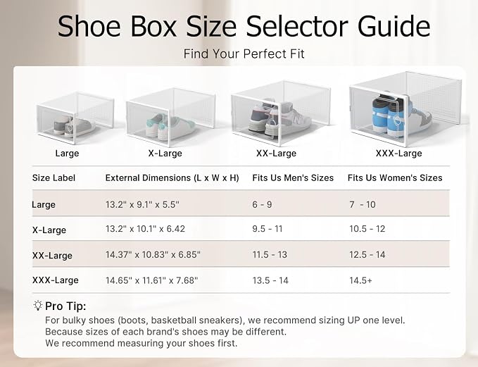 Kuject XX-Large Shoe Storage Boxes Organizers Clear Plastic Stackable 12 Pack, Shoe Rack & Holder Substitute, Sneaker Containers, Shoe Storage Organizer Bins for Closet, Under Bed,White(No Fold Line) - Image 9