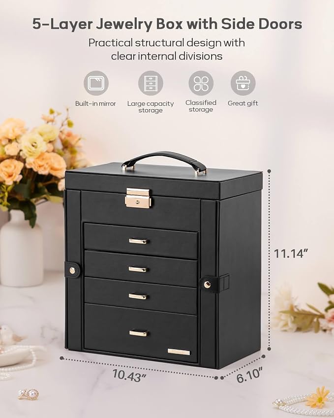 Homde Mothers Day Gifts Synthetic Leather Huge Jewelry Box Mirrored Watch Organizer Necklace Ring Earring Storage Lockable Gift Case (Black + Gold) - Image 2